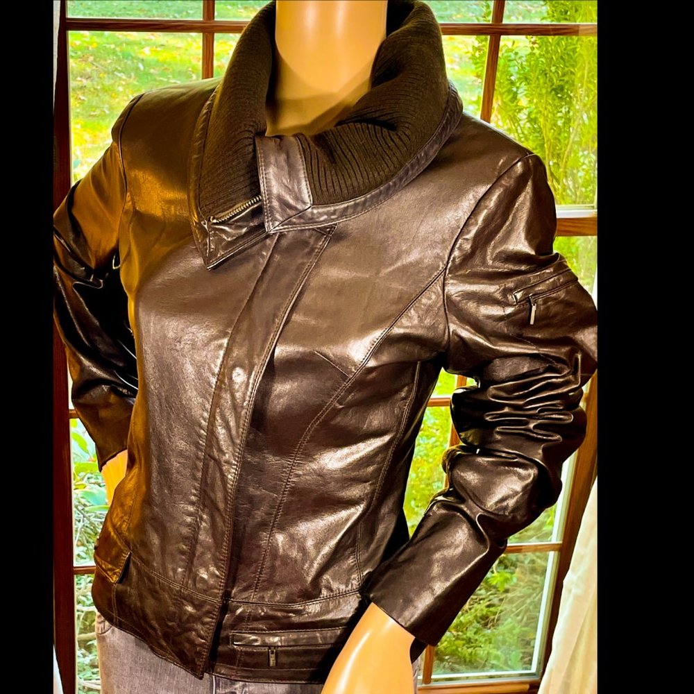 ⭐️HP⭐️COLE HAAN▪️Deep Brown Lambskin Leather & Wool Convertible Collar Jacket - Picture 4 of 16